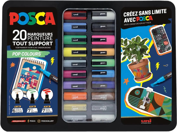 Posca verfstiften, metalen doos van 20 stuks, assorti, ontwerp Popkleuren