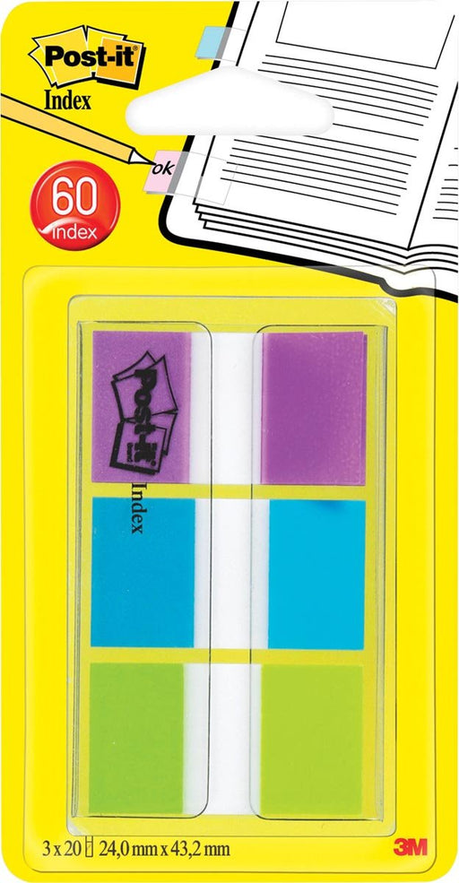 Post - it Index standaard, ft 25,4 x 43,2 mm, blister met 3 kleuren, 20 tabs per kleur - OfficeTown
