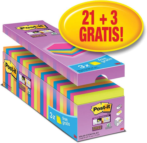 Post - it Super Sticky Notes, 90 vellen, afm. 76 x 76 mm, assortiment kleuren, verpakking van 21 blokken + 3 gratis - OfficeTown