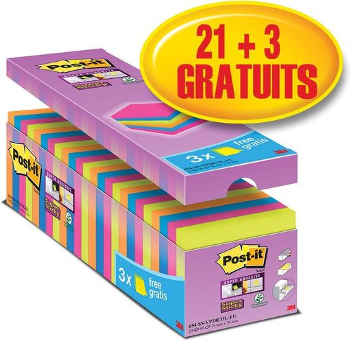 Post - it Super Sticky Notes, 90 vellen, afm. 76 x 76 mm, assortiment kleuren, verpakking van 21 blokken + 3 gratis - OfficeTown