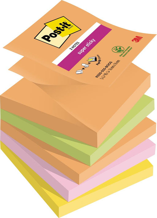 Post - it Super Sticky Z - notes Boost, 90 vel, ft 76 x 76 mm, geassorteerde kleuren, pak van 5 blokken - OfficeTown
