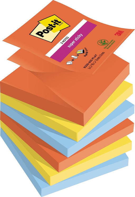 Post - it Super Sticky Z - notes Speels, 90 vellen, afmetingen 76 x 76 mm, assortiment kleuren, pak van 6 blokken - OfficeTown