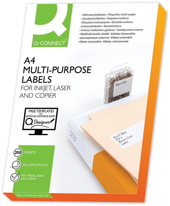 Q - CONNECT etiketten, wit, rechte hoeken, 210 x 297 mm, 200 vel, 1 etiket per vel - OfficeTown