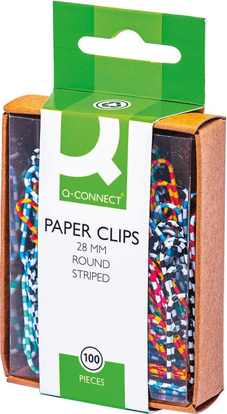 Q-CONNECT paperclips, 28 mm, doos van 100 stuks, gestreept in wit en verschillende kleuren