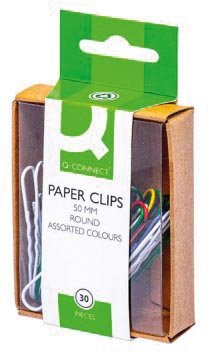 Q - CONNECT papierklemmen, 50 mm, gekleurd, doos van 30 stuks, ophangbaar - OfficeTown