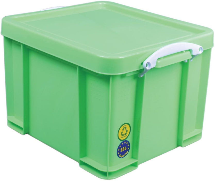 Really Useful Box opbergdoos 35 liter, neongroen met witte handvaten - OfficeTown