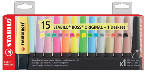 STABILO BOSS markeerstift pastel en natuur, geassorteerde kleuren met zwart, deskset van 15 stuks - OfficeTown