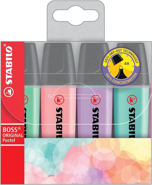 STABILO BOSS ORIGINAL Pastel markeerstift, etui van 4 stuks in geassorteerde kleuren - OfficeTown