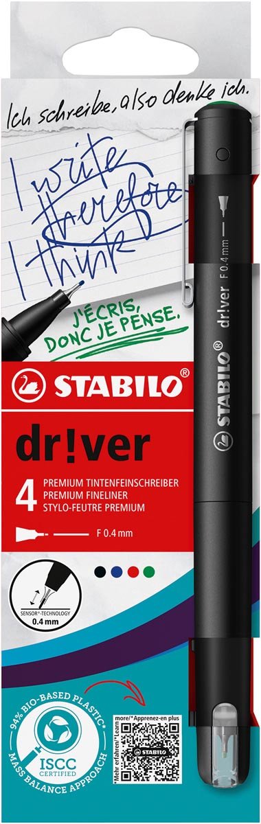 STABILO dr!ver fineliner, fijne punt, geassorteerde kleuren, blister van 4 stuks - OfficeTown