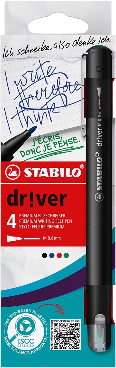 STABILO dr!ver fineliner, medium punt, geassorteerde kleuren, blister van 4 stuks - OfficeTown