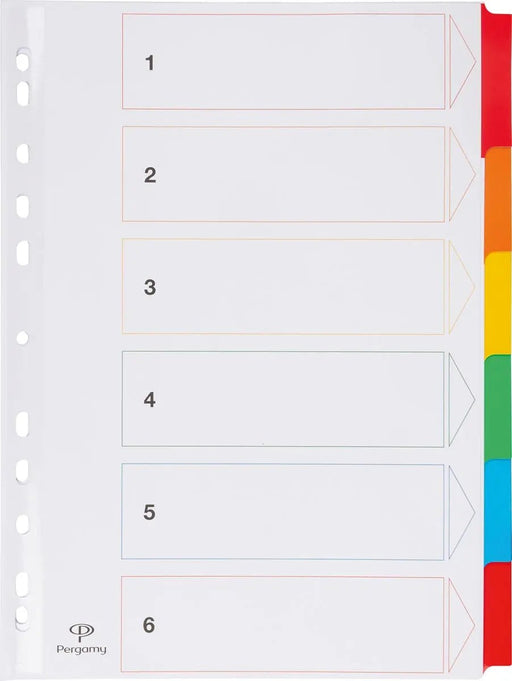 Tabbladen van Pergamy met indexvel, A4 - formaat, 11 - gaats perforatie, diverse kleuren, 6 tabs - OfficeTown