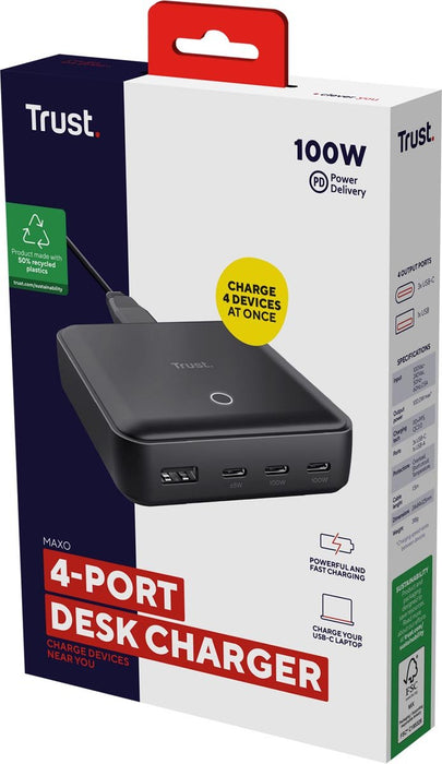 Trust Maxo desktop oplader, 4 poorten, 100 W - OfficeTown
