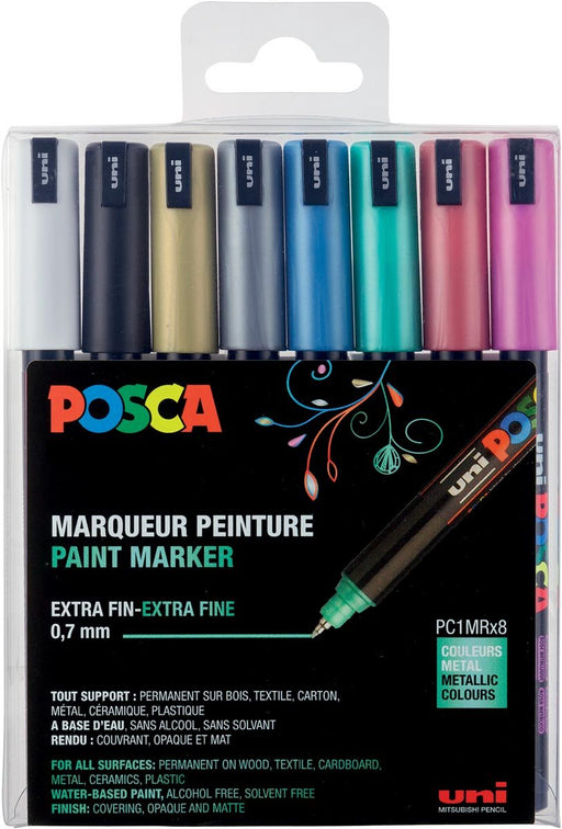 Uni POSCA verfmarker PC - 1MC, 0,7 mm, set van 8 stuks in diverse metallic kleuren - OfficeTown