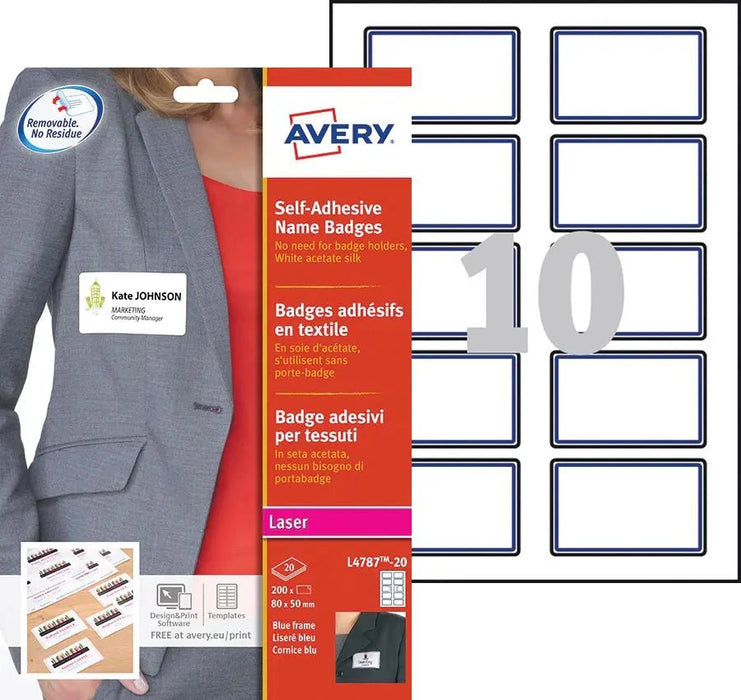 Zelfklevende badge Avery L4787 - 20 ft 80 x 50 mm, 200 stuks, wit/blauw met gratis ontwerp & print software - OfficeTown
