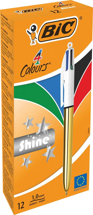 Bic 4 Kleuren Shine, balpen, 0,32mm, 4 klassieke inktkleuren, gouden behuizing 12 stuks
