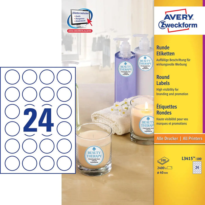Avery Zweckform L3415-100 ronde stickers, diameter 40 mm, 2400 stickers, wit