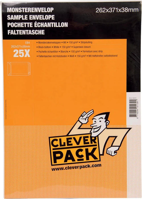Cleverpack monsterenveloppen, ft 262 x 371 x 38 mm, met stripsluiting, wit, pak van 25 stuks - OfficeTown